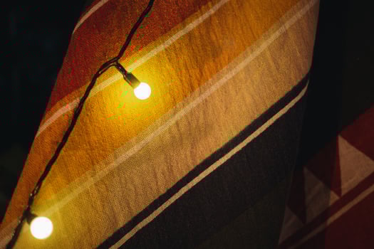 Light bulbs hang from a tent as a part of outdoor party decor photo