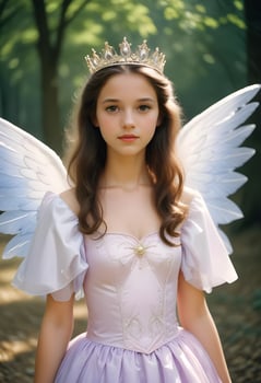A beautiful young girl wearing a pink dress with angel wings in forest background photo