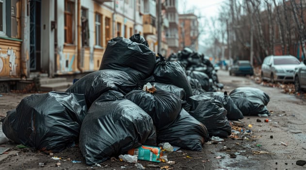 Black garbage bags piled on a street photo