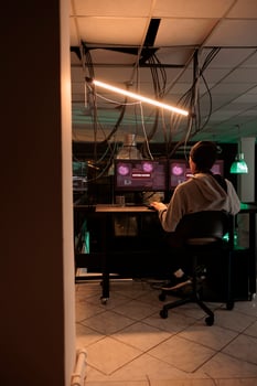 Hacker accessing computer system, stealing database password, hacking server, cyberattack. Cybersecurity, malicious software using, ransomware attack, malware programming photo