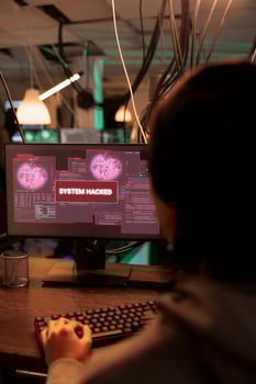 System hacked warning message on computer screen, database unlawful access, server hacking, cyberattack. Data breach, ransomware attack, internet virus, hacker stealing password photo