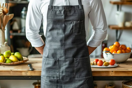 A chef wearing a dark gray linen-cotton apron stands in front of kitchen counter photo