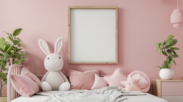 An empty square wooden frame above baby bed, kids room pastel colors. photo