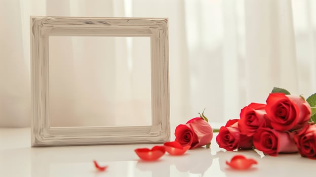 A wooden frame on the table decorated for St. Valentine's Day with many red rose are in the base. photo
