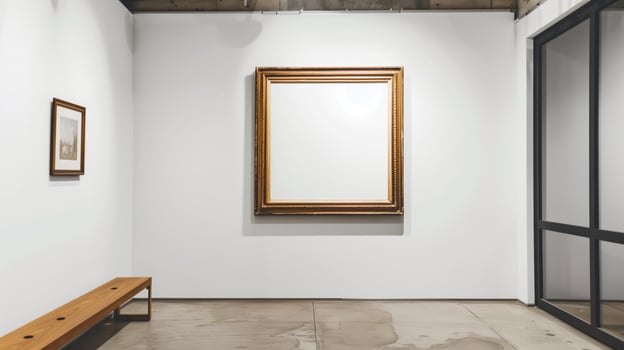 A thin gold frame on a white wall. photo