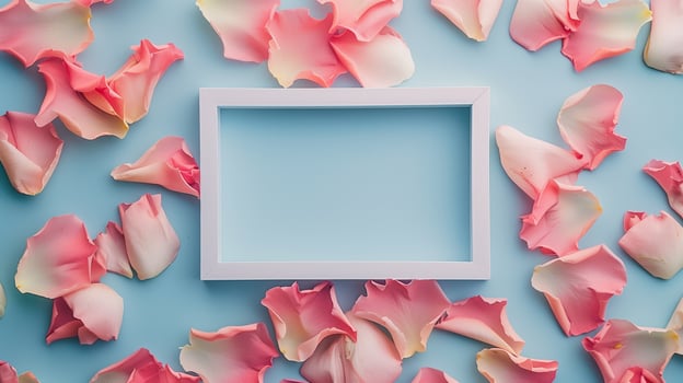 A vintage-inspired creative white frame with colorful pastel petals as background. photo