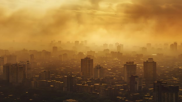 A cityscape shrouded in a yellowish-brown haze of air pollution, highlighting the health risks associated with poor air quality. Air pollution bad ecology photo