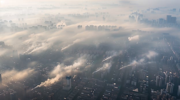 Aerial view of urban sprawl with a visible layer of smog blanketing the entire city, showing the widespread nature of air pollution in urban areas. Air pollution bad ecology photo