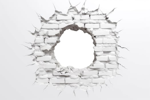 Hole in White Brick Wall, Isolated on White photo