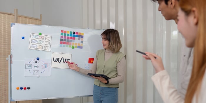 Creative UX Developer and UI Designer Brainstorming Session in Modern Office with Whiteboard and Digital Tools photo