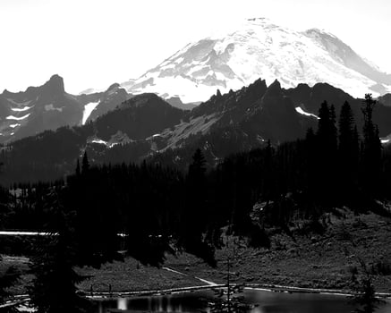 Mountains black and white photo background. High mount, rocks and hills landscape