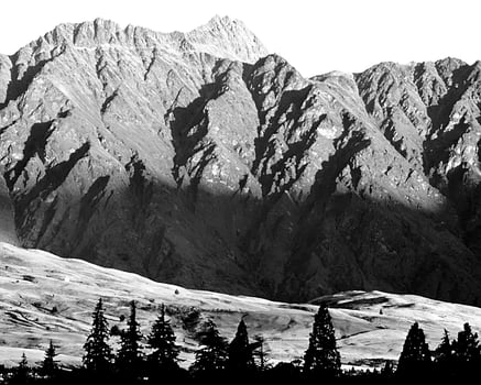 Mountains black and white photo background. High mount, rocks and hills landscape