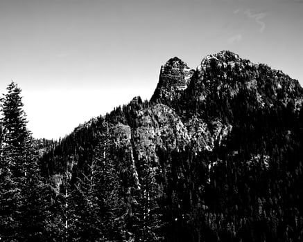 Mountains black and white photo background. High mount, rocks and hills landscape