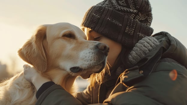 Sunset Embrace Winter Love Between Human and Dog photo