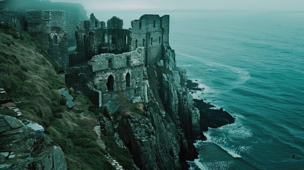 Majestic stone castle on cliffside overlooking misty ocean photo