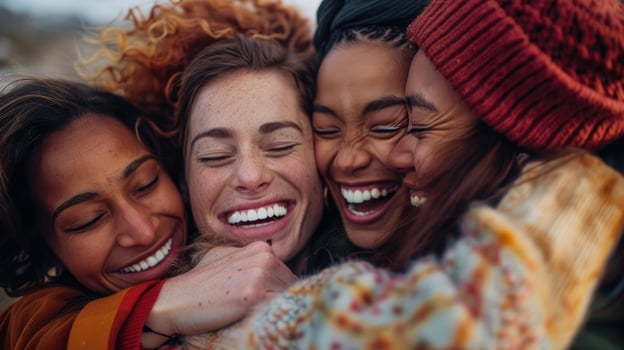 Blissful moment as four friends embrace in joyful unity photo
