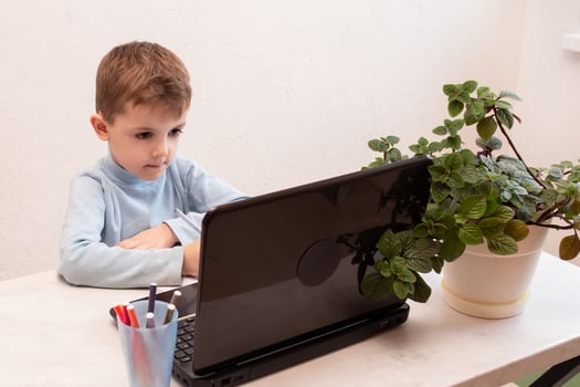 child student returns to school. boy smiles, writes or draws and reads on laptop while doing homework. teaching people at home in bedroom, studying online on computer photo