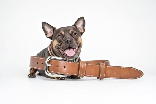 French Bulldog Puppy Playing with Leather Belt photo