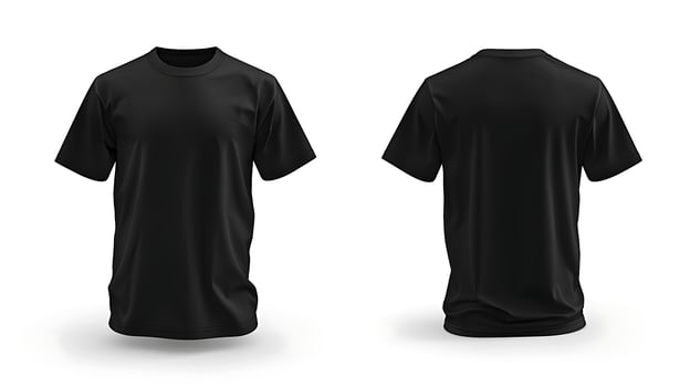 Plain black t-shirt front and back view white background mockup photo