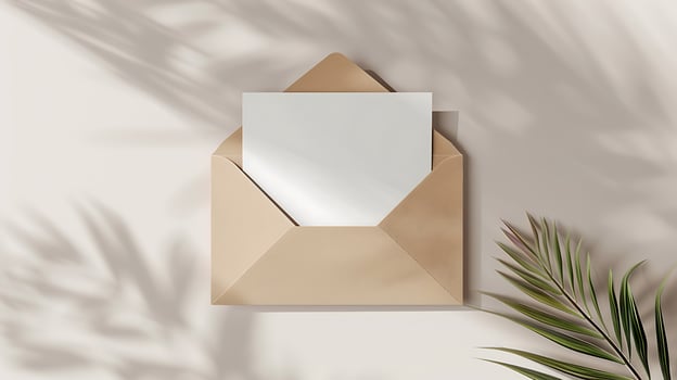 Open brown envelope with blank white card on marble surface mockup photo