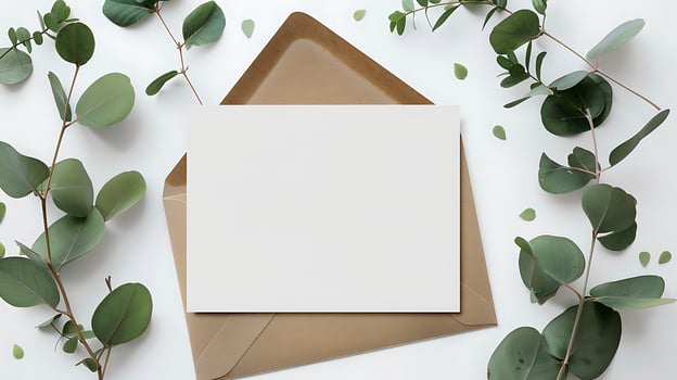 Blank card with envelope and eucalyptus leaves mockup decoration banner photo