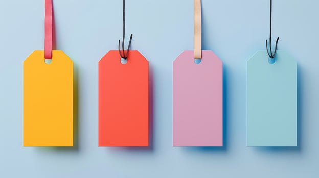 Colorful blank tags with ribbons mockup blue background photo