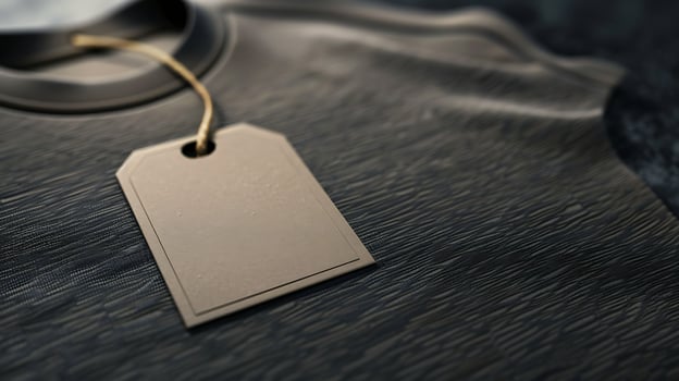 Blank grey tag on textured fabric close-up mockup photo