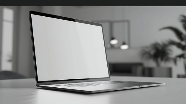 blank white screen mockup of a modern laptop on a white table in a minimalist office side photo