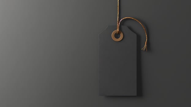 Black blank price tag with golden string black background mockup photo