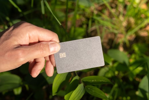 . Blank bank debit card mockup in male hand in nature, sunny summer day, green plants. photo