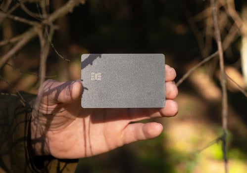 . Blank bank credit card mock up in male hand in nature, sunny summer day, tree twigs. photo