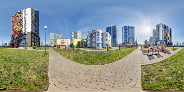 hdri 360 panorama near new with skyscrapers and residential complex in full equirectangular seamless spherical projection photo