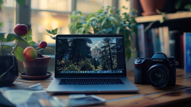 A laptop computer is open on a table with a camera photo