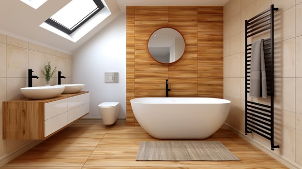 Airy bathroom skylight, large mirror, bright and refreshing, filled with natural sunlight photo