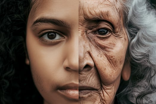 face of woman young and old age two parts of the face of life aging human . photo