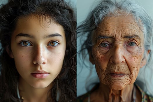 face of woman young and old age two parts of the face of life aging human . photo