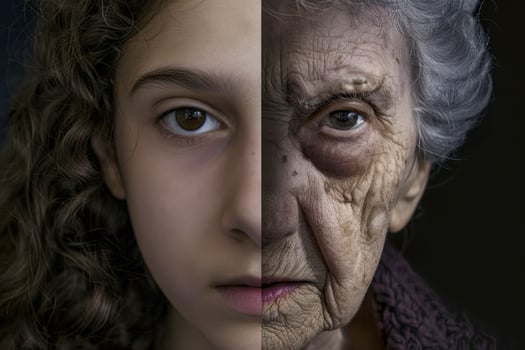 face of woman young and old age two parts of the face of life aging human . photo