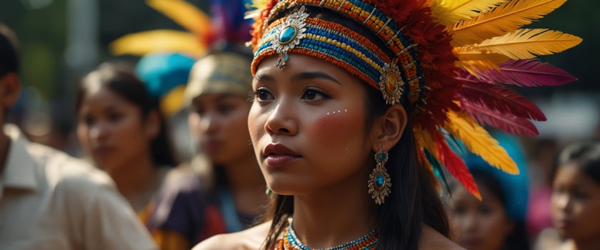 Bright and colorful traditional Philippine festival Filipino girl with ethnic makeup and a bright feather headdress. photo