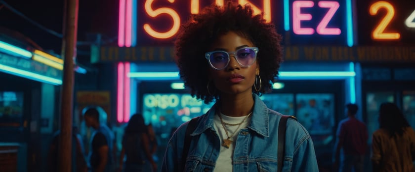 Cool African American hipster gen z lady wears trendy glasses denim clothes standing under neon night sign Stylish black young fashion model illuminated in 80s 90s retro style. photo