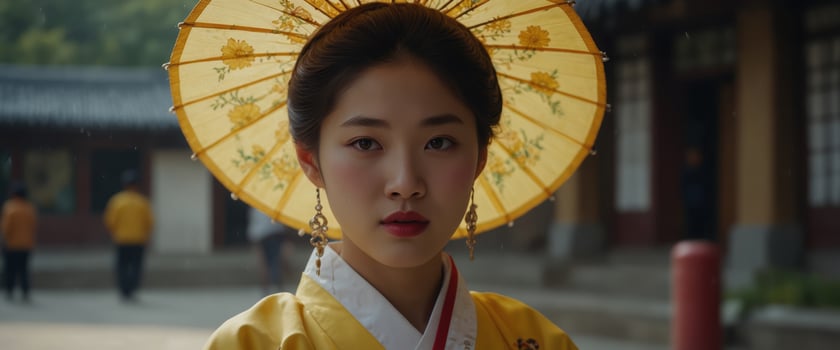 Korean girl wearing a hanbok wearing Yellow umbrella Beautiful Female wearing traditional Korean hanbok in Seoul, Korea. photo