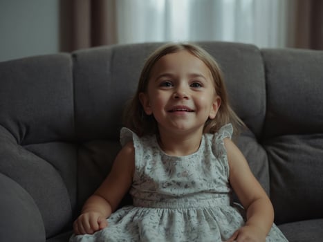 Little dreamer Pretty smiling little child girl sit on comfy couch look up imagine pleasant surprise dream about gift visualize good events. photo