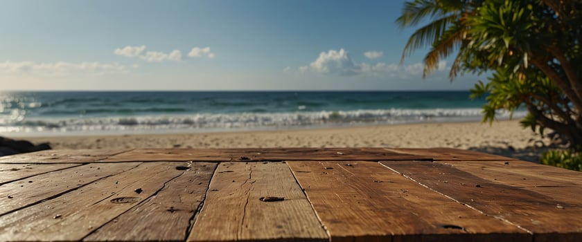 Table wood desk of free space and summer beach landscape. photo