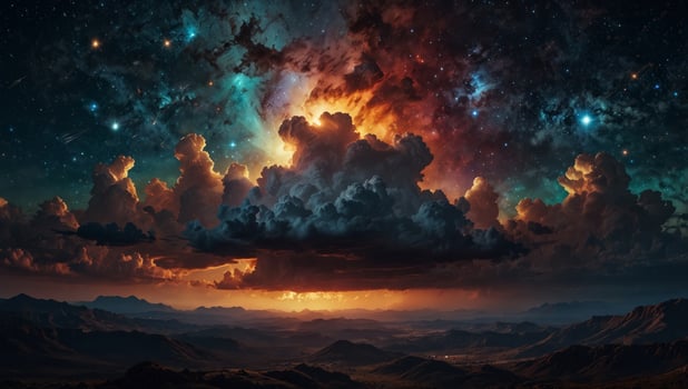 This stunning image captures the vastness and beauty of a cosmic scene, highlighting vibrant clouds and shining stars in deep space. photo
