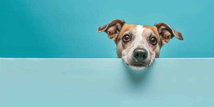 funny and happy puppy dog peeking out from behind a blue banner photo