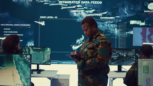 Female brigadier general conducing anti terrorism mission in military operations room, employing radar systems to detect and track enemy aircraft or missiles. Secret service program. Camera B. photo