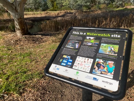 Wodonga, Victoria, Australia - 7 July 2024 - Information signboard for Waterwatch site community engagement program connecting local communities with river health and sustainable water at Willow park. photo