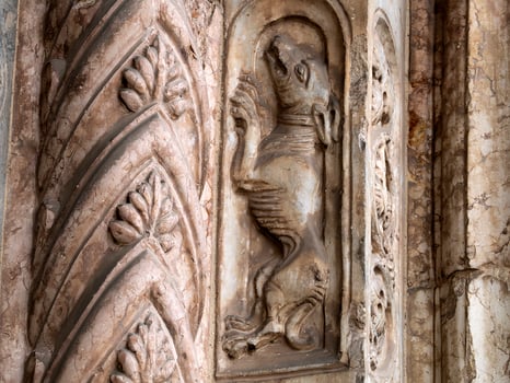 Verona dome cathedral church exterior sculptures detail. Romanesque sculpture attributed to the workshop of Veronese sculptor Brioloto photo