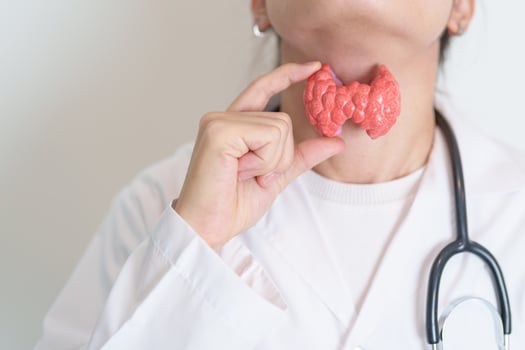Doctor with human Thyroid anatomy model. Hyperthyroidism, Hypothyroidism, Hashimoto Thyroiditis, Thyroid Tumor and Cancer, Postpartum, Papillary Carcinoma and Health concept photo