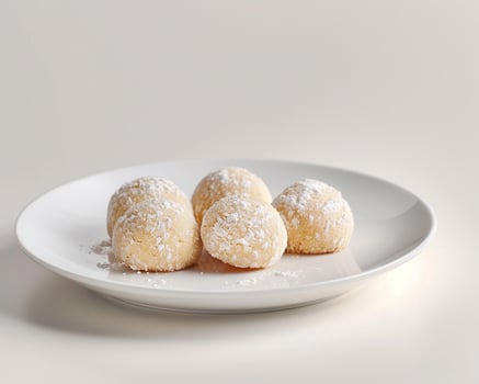 a plate of powdered sugar balls on a white surface photo