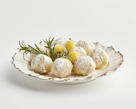 A Plate with Powdered Sugar Covered Cookies and a Sprig of Rosemary photo